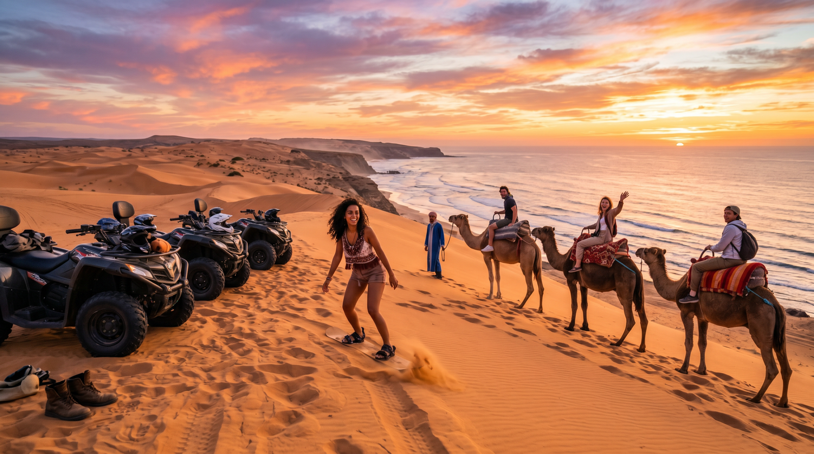 Sunset Sandboarding, Camel Ride, Quad Bike & Moroccan Dinner From Agadir & Taghazout