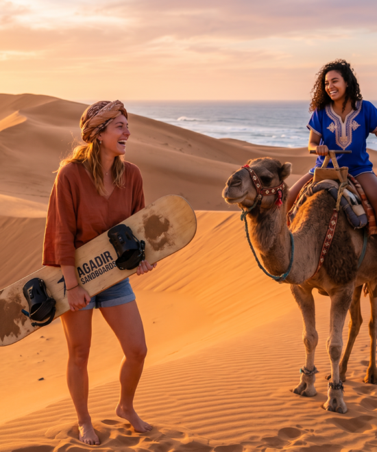 Sunset Sandboarding & Camel Ride with Moroccan Dinner From Taghazout & Agadir