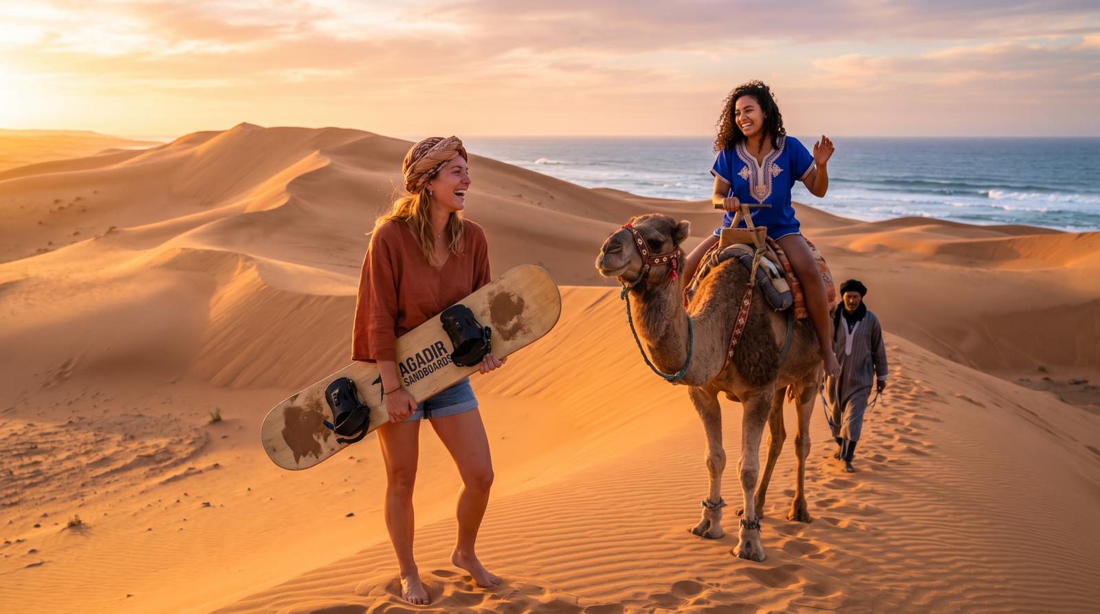 Sunset Sandboarding & Camel Ride with Moroccan Dinner From Taghazout & Agadir